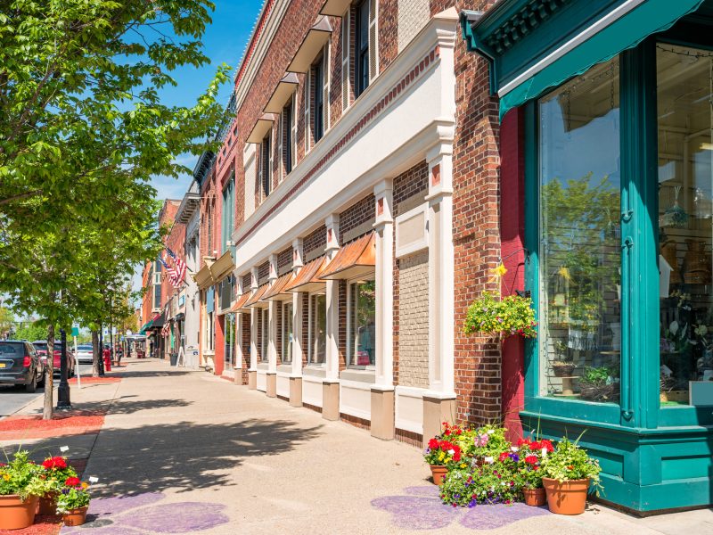 Stock photograph of businesses in downtown Seneca Falls, Finger Lakes region, upstate New York State, USA on a sunny day.